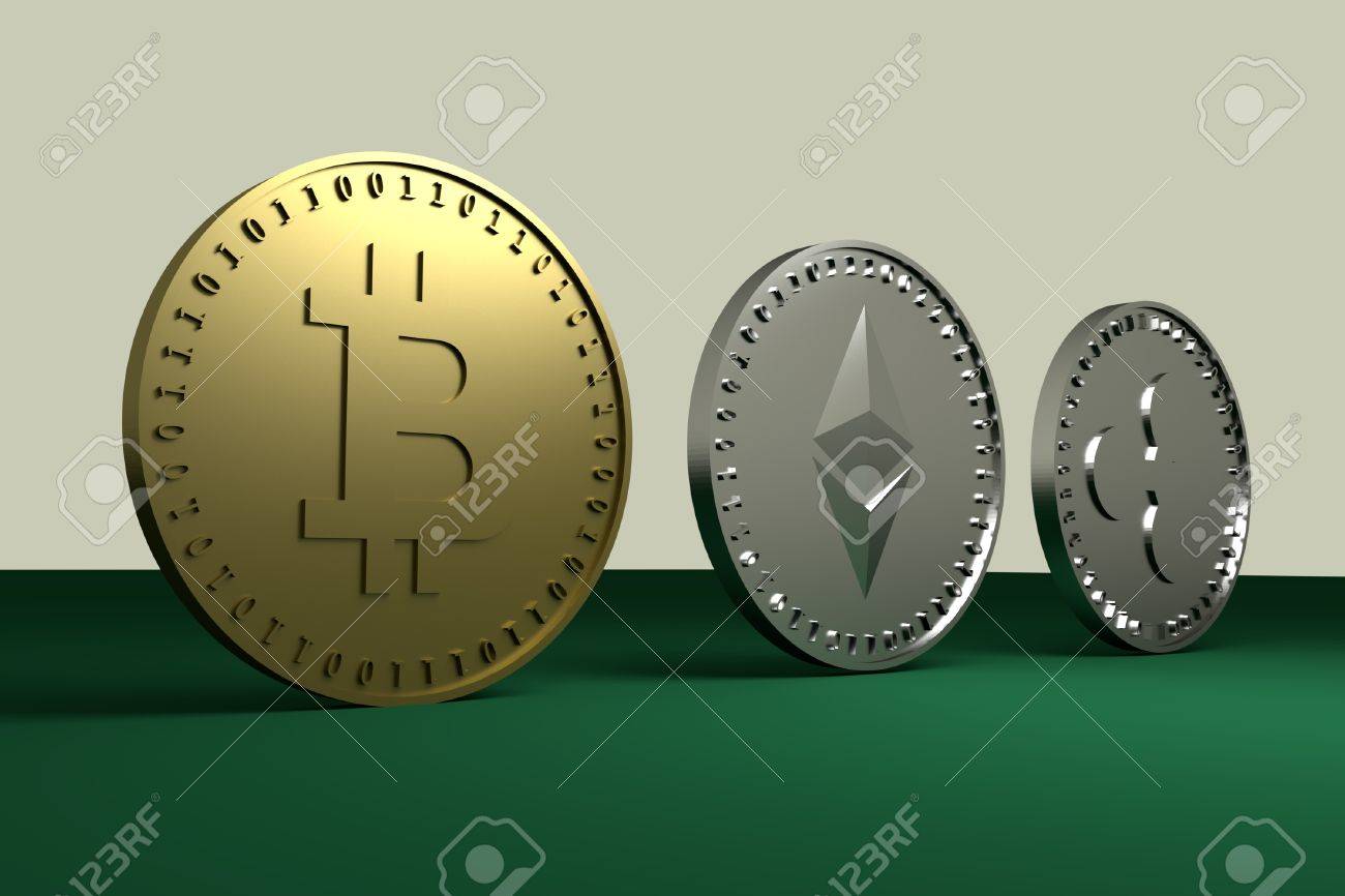 Ethereum Bitcoin Ripple Munzen Auf Grunem Stoff 3d Rendering - 